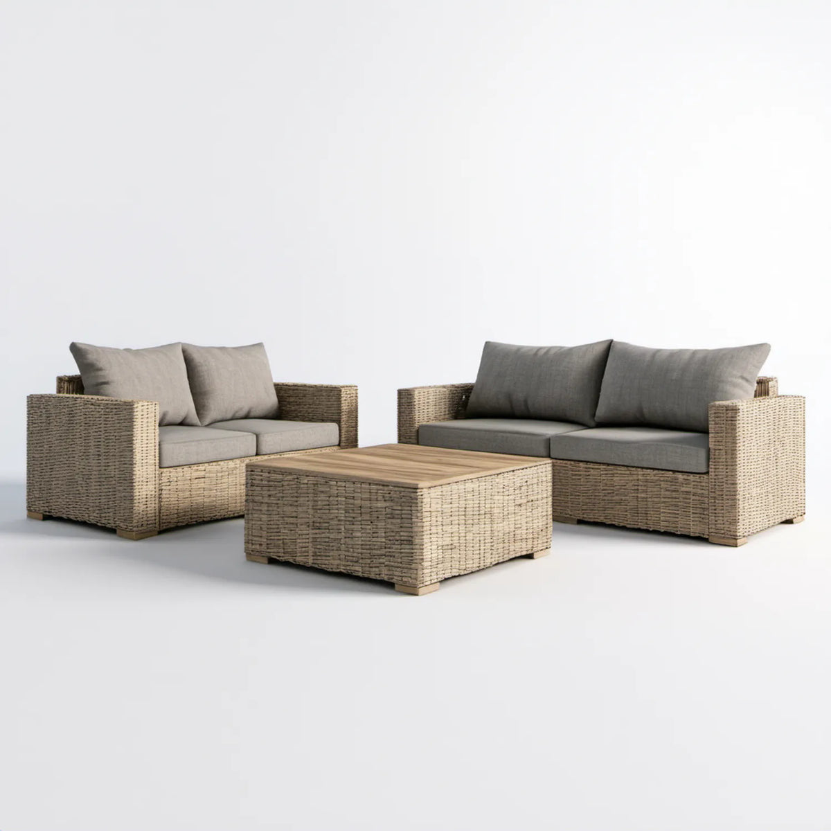 Zestaw wypoczynkowy z technorattanu: 2 sofy 140 × 75 × 68 cm i stolik 100 × 60 × 42 cm, beżowo-szaro-brązowy
