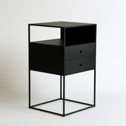 Czarna szafka nocna stalowa z płytą MDF, 2 szuflady, 40 × 35 × 65 cm