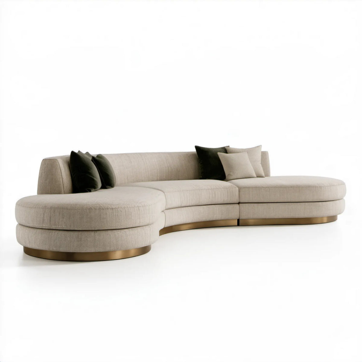 Beżowa sofa modułowa półokrągła ze złotą podstawą, 330 x 170 x 75 cm