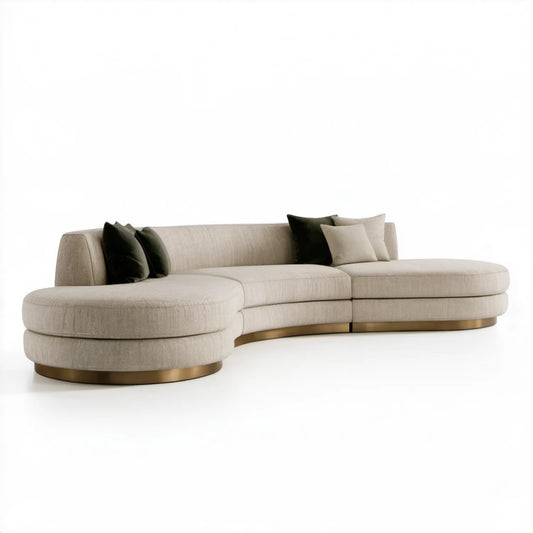 Beżowa sofa modułowa półokrągła ze złotą podstawą, 330 x 170 x 75 cm