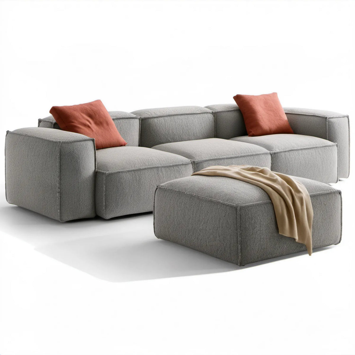 Modułowa sofa trzyosobowa z pufą z tkaniny bouclé, jasnoszara, 280 × 105 × 75 cm