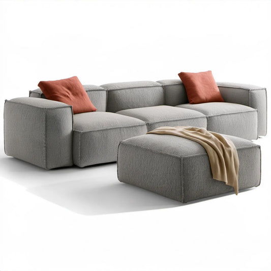 Modułowa sofa trzyosobowa z pufą z tkaniny bouclé, jasnoszara, 280 × 105 × 75 cm