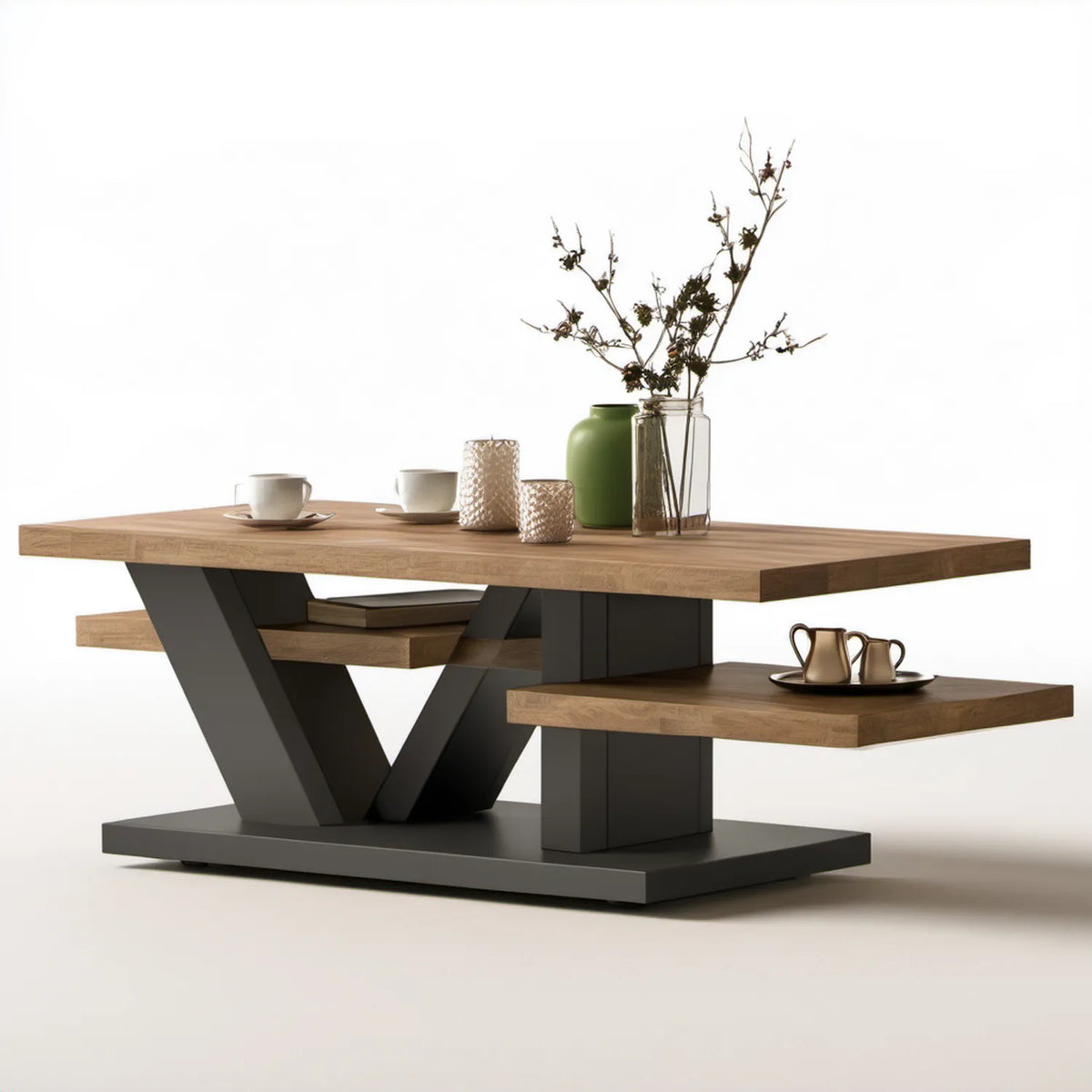 Prostokątny stolik kawowy z MDF, dąb naturalny/czarny mat, 140 x 70 x 55 cm