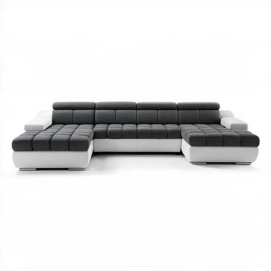 Modułowa sofa w kształcie U z szezlongami, ciemnoszaro-biała, 350 x 200 x 90 cm