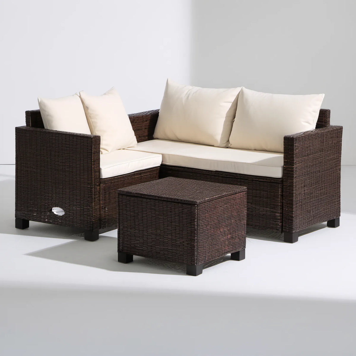 Brązowo-kremowy zestaw wypoczynkowy z technorattanu PE, sofa 128 x 70 x 75 cm i stolik 60 x 60 x 35 cm