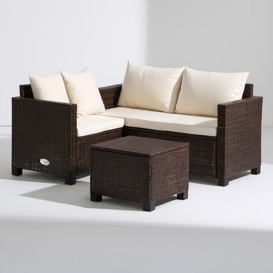 Brązowo-kremowy zestaw wypoczynkowy z technorattanu PE, sofa 128 x 70 x 75 cm i stolik 60 x 60 x 35 cm