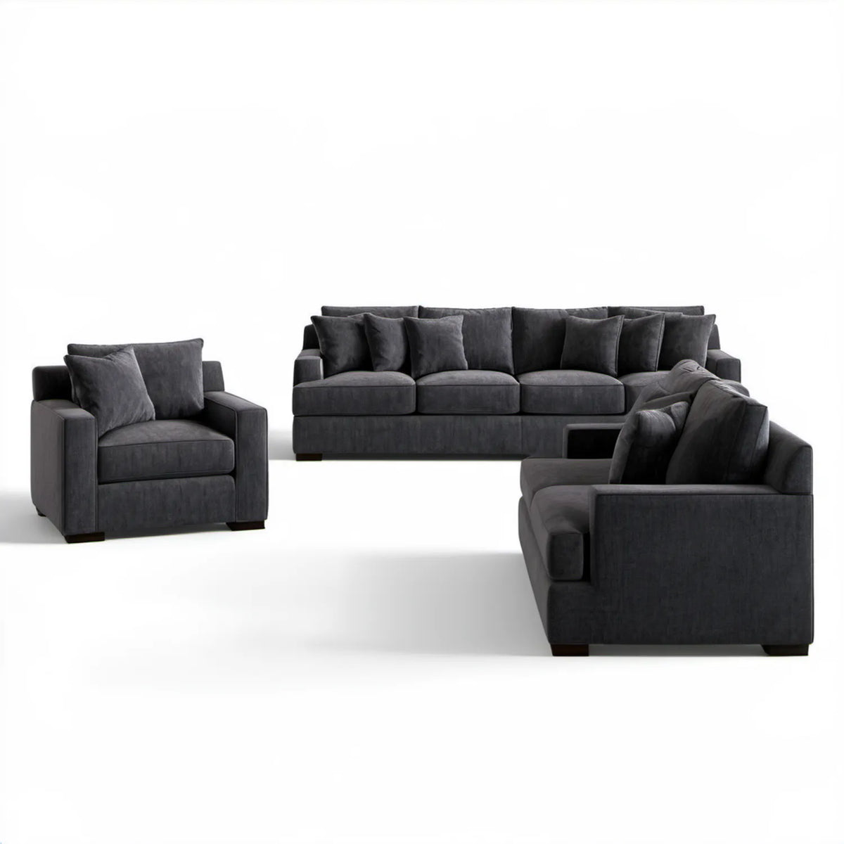 Komplet wypoczynkowy: sofa 3-osobowa 230 × 95 × 85 cm i 2 fotele 96 × 92 × 85 cm, aksamitny, antracytowy/czarny