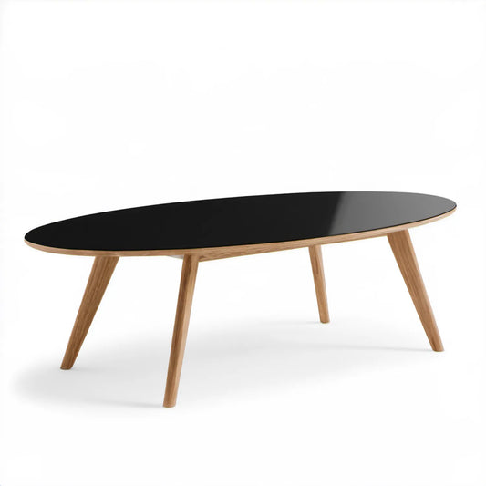 Owalny stolik kawowy z czarnym blatem MDF i nogami z litego dębu, 120 x 60 x 45 cm