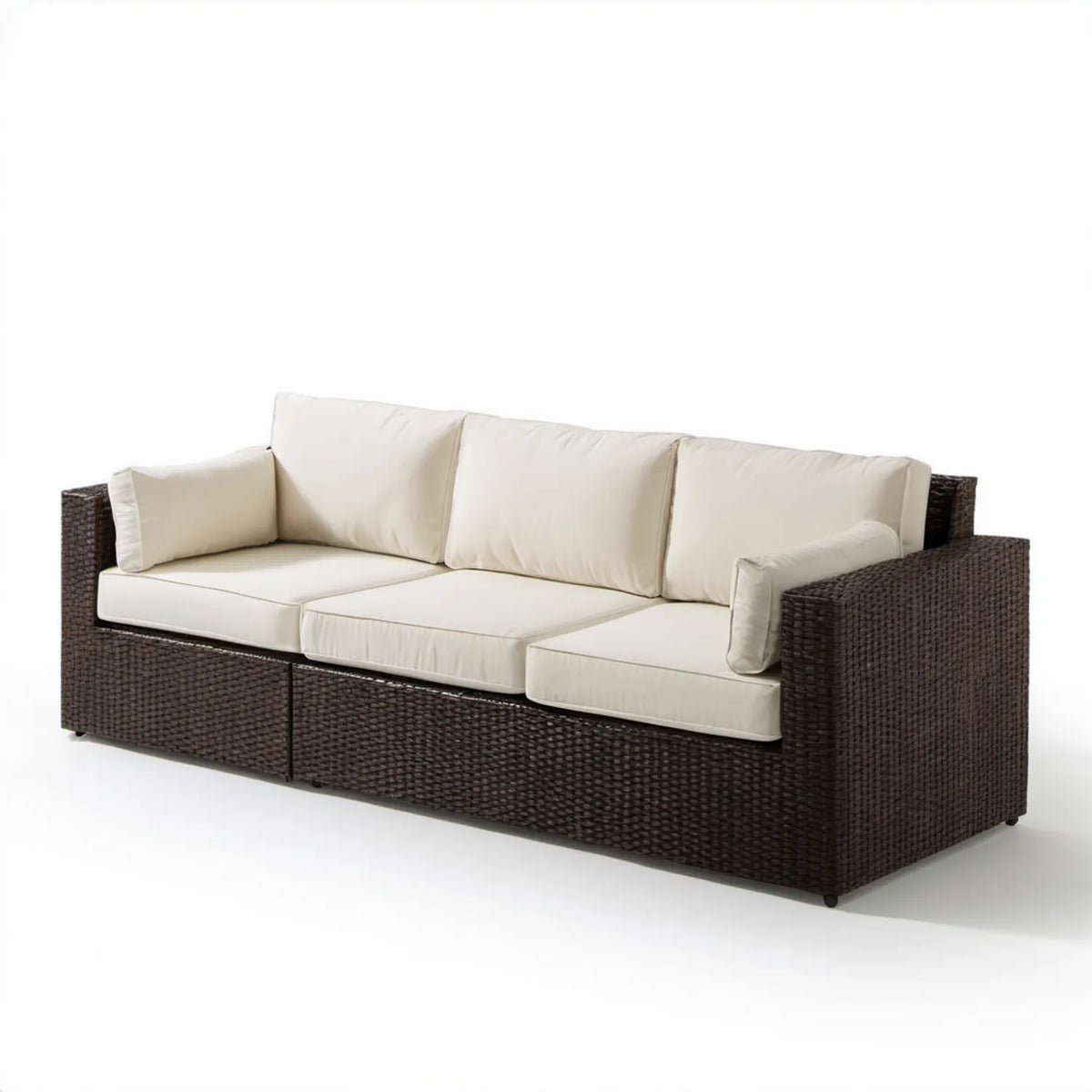 Sofa ogrodowa z technorattanu PE, ciemnobrązowa/kremowa, 200 x 75 x 70 cm