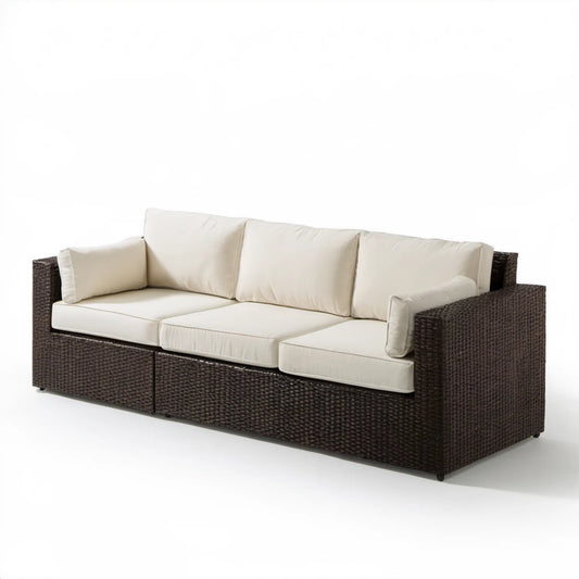 Sofa ogrodowa z technorattanu PE, ciemnobrązowa/kremowa, 200 x 75 x 70 cm