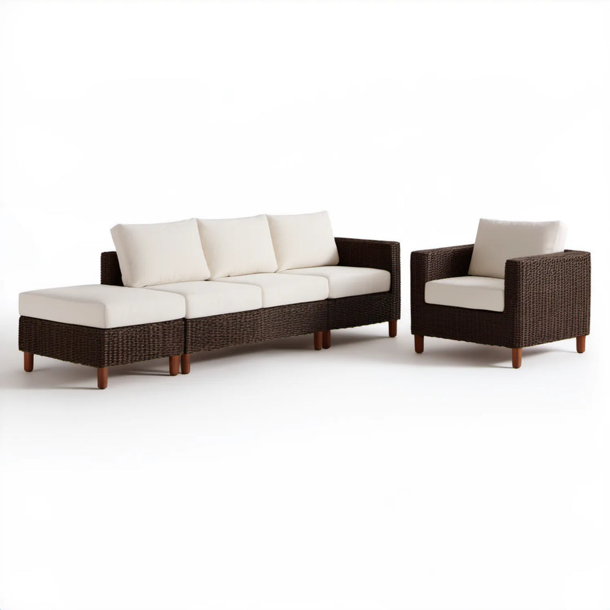 Modułowa sofa narożna z szezlongiem i fotelem z technorattanu, ciemnobrązowo-kremowa, 250 × 160 × 80 cm