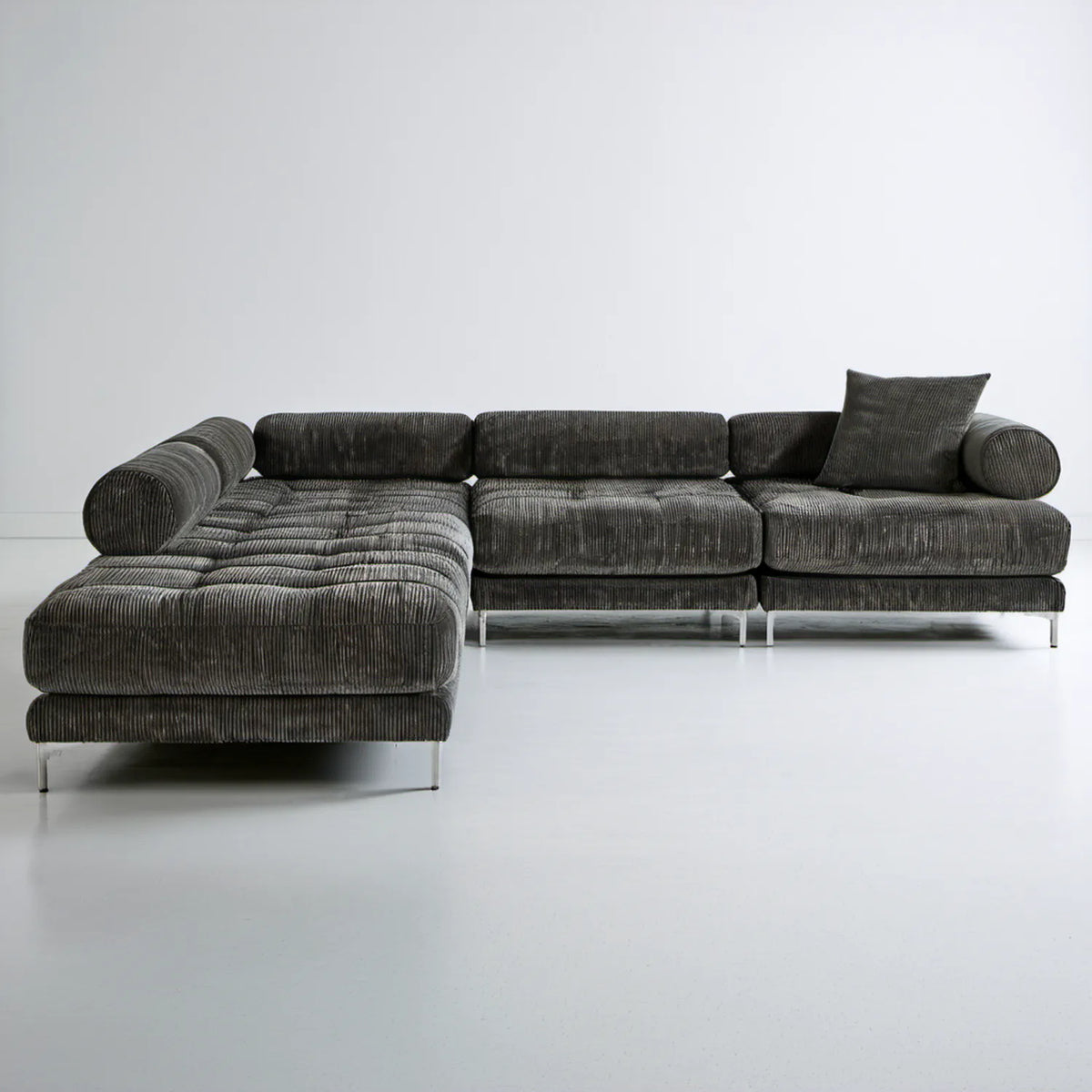 Grafitowa sofa narożna lewostronna ze sztruksu, 300 × 170 × 85 cm