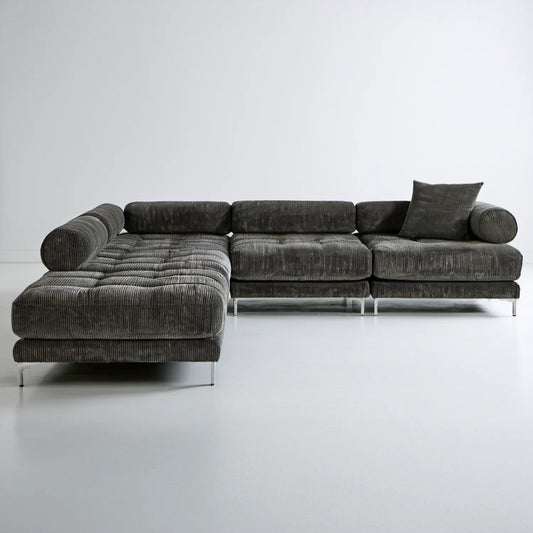 Grafitowa sofa narożna lewostronna ze sztruksu, 300 × 170 × 85 cm